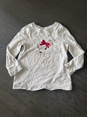 Girls White Long Sleeve Tee with Red Bow Deer Graphic